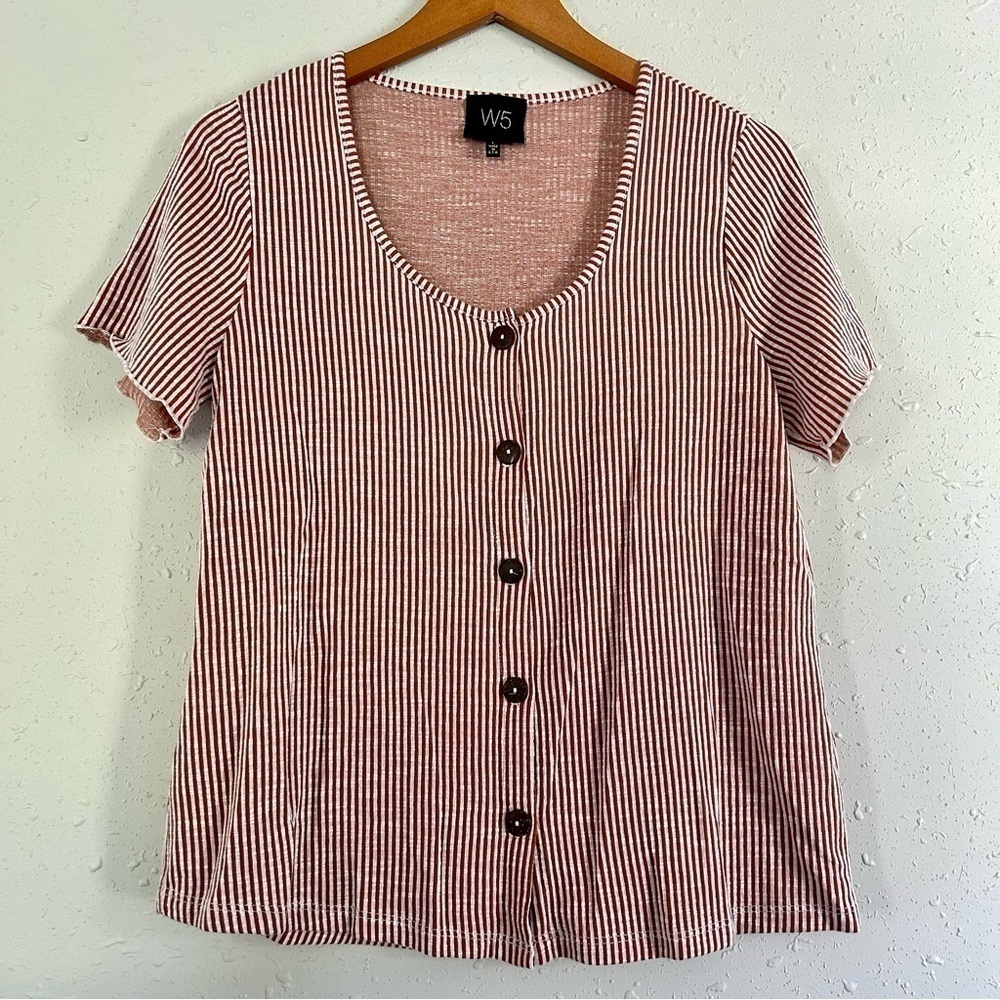 🦋 W5 Brown White Stripe Button Down Short Sleeve Blouse Medium